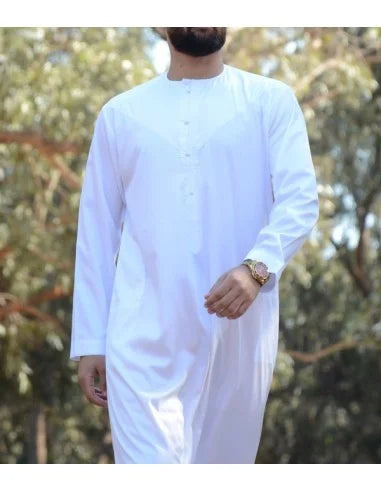 Qamis Emirati Satiné Blanc avec pantalon zippé